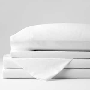 Organic 4-Piece White Solid 300-Thread Count Cotton Percale King Sheet Set