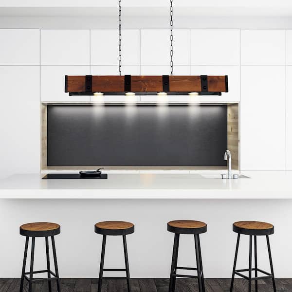 Pago Drum Shade Island Light With Black & Wood Finish