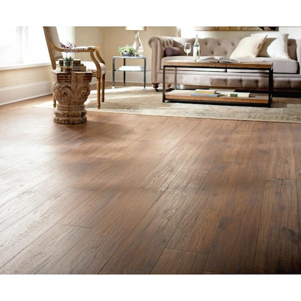 Trafficmaster Distressed Brown Hickory 12 Mm Thick X 6 1 4 In Wide 50 25 32 Length Laminate Flooring 15 45 Sq Ft Case 34074sq - Home Decorators Collection Distressed Brown Hickory