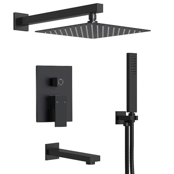 1-Handle 3-Spray Wall Mount Tub and Shower Faucet with 10 in. Rain Shower Head in Matte Black (Valve Included)
