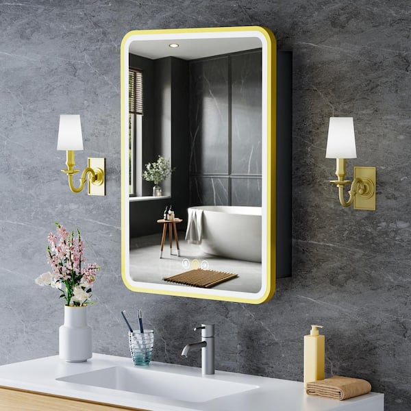 20 in. W x 28 in. H Rectangular Iron Recessed/Surface Medicine Cabinet with Mirror, Dimmable, Memory, Gold, Left Hinge