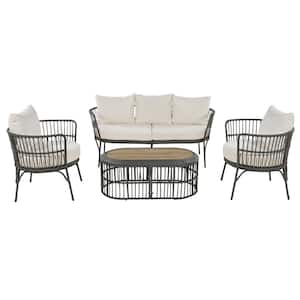 4-Piece Gray Wicker Patio Conversation Set, Sofa Set and Wooden Coffee Table with Beige Cushions