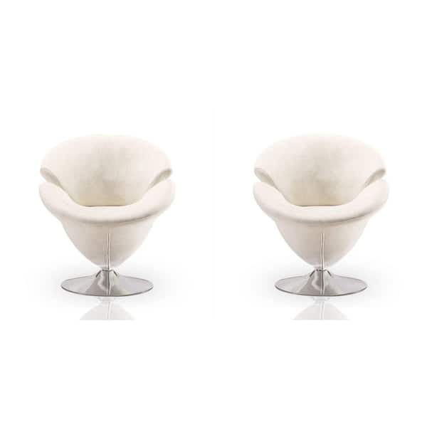 Manhattan Comfort Tulip Modern White and Polished Chrome Velvet Upholstered Swivel Accent Occasional Chair (Set of 2)