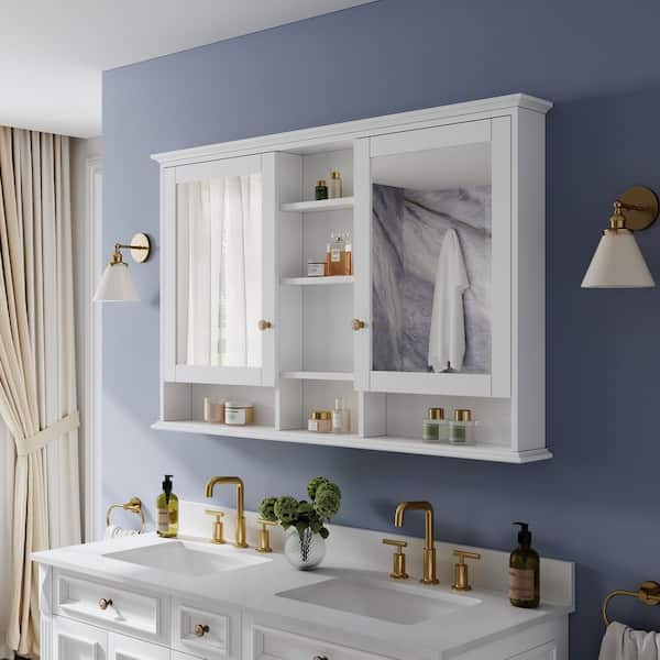 55 in. W x 35 in. H Rectangular Solid Wood Bathroom Medicine Cabinet with Mirror, 2 Soft-Closed Doors, Easy Hang, White
