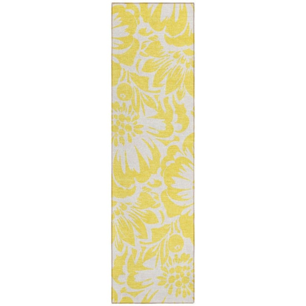 Yellow, Ivory 2 ft. x 8 ft. Woven Floral Polyester Runner Indoor / Outdoor Area Rug