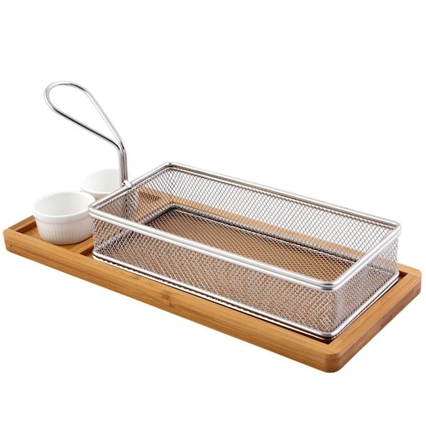 Bamboo Magnificent Chip and Dip Serving Basket, Board and Sauce Cup