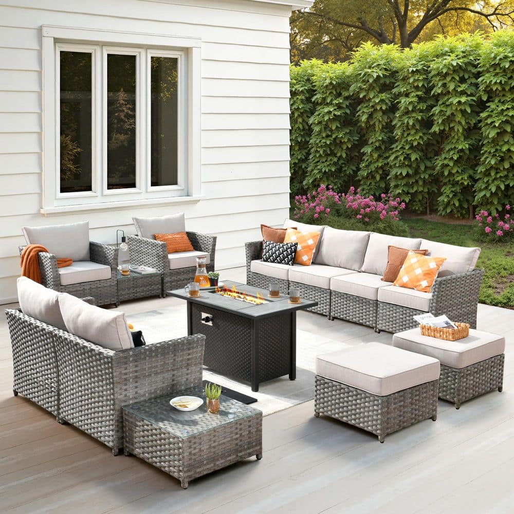 Eufaula Gray 13-Piece Wicker Modern Outdoor Patio Fire Pit Conversation Sofa Seating Set with Coarse Beige Cushions price history on PriceWatchPro