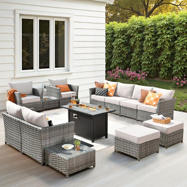 Toject Eufaula Gray 13-Piece Wicker Modern Outdoor Patio Fire Pit Conversation Sofa Seating Set with Coarse Beige Cushions