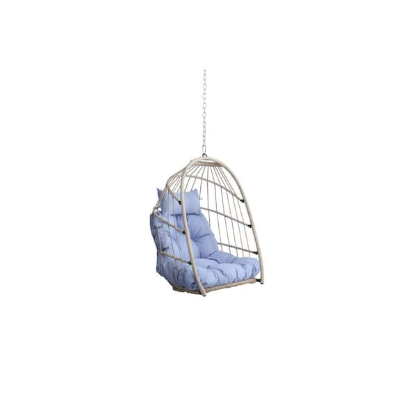 Outdoor Garden Wicker Rattan Egg Swing Chair Hanging Chair Patio Swing Chair with Blue Cushion