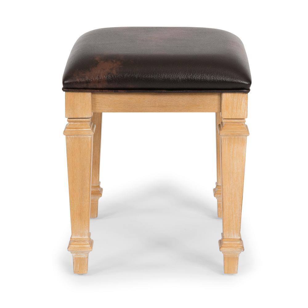 Manor House White Oak Vanity Bench with Brown Leather Upholstery