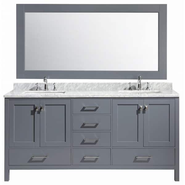 Design Element London 72 in. W x 22 in. D x 36 in. H Vanity in Gray with Marble Vanity Top in Carrara White, Basin and Mirror