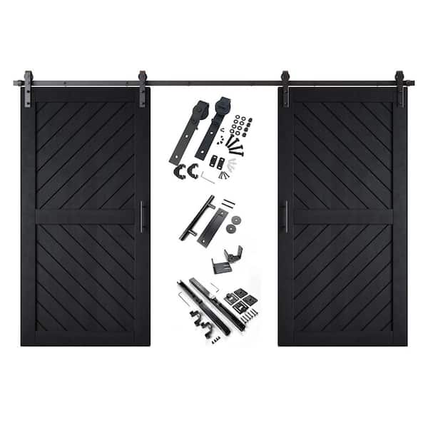 XT3 32 in. x 80 in. C-Panel Black Slanted Stripe Design Double Pine Wood Sliding Barn Door with Hardware Kit