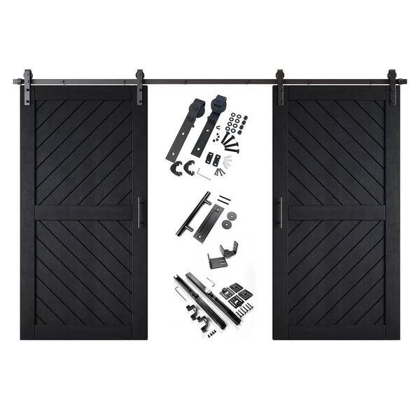 XT3 40 in. x 80 in. C-Panel Black Slanted Stripe Design Double Pine Wood Sliding Barn Door with Hardware Kit