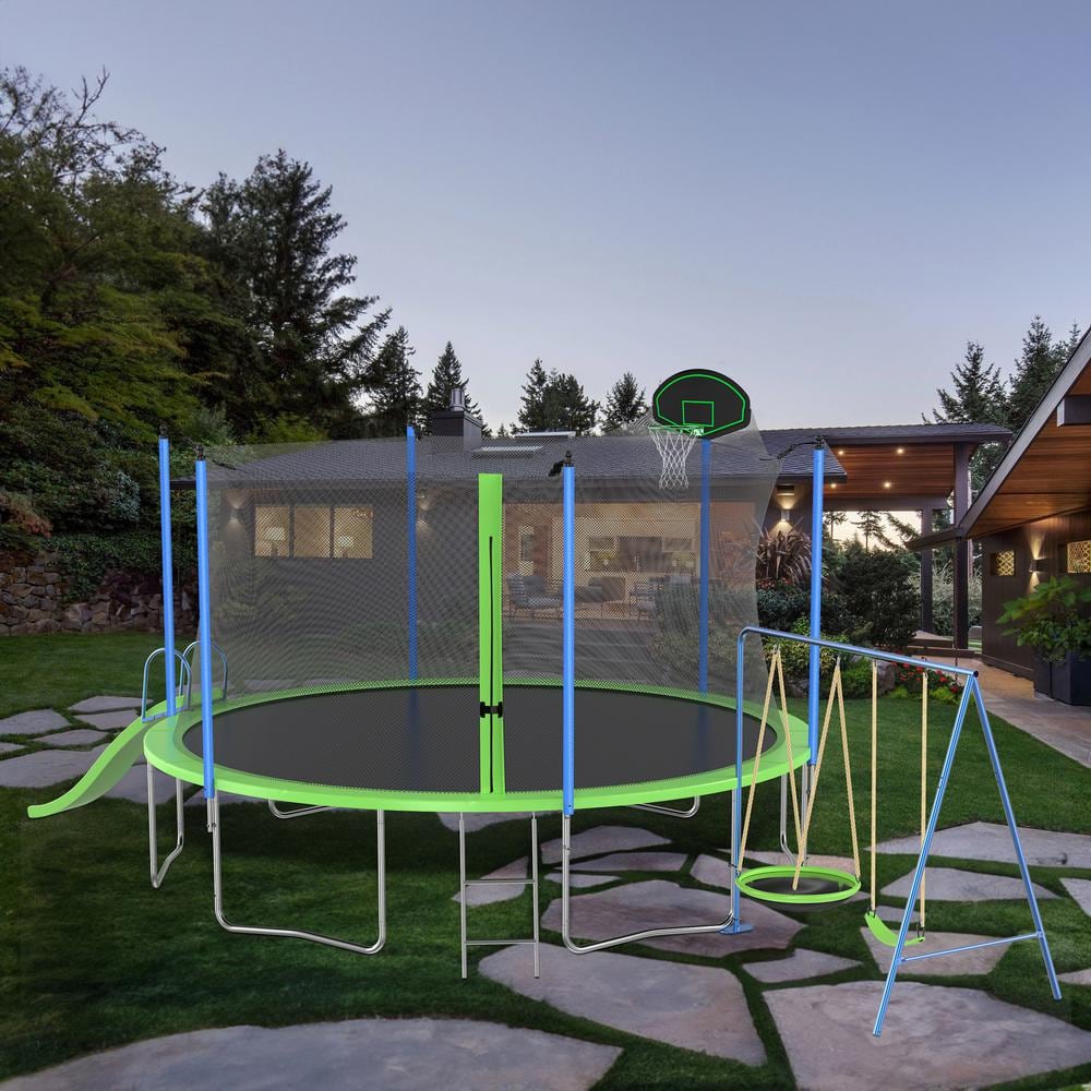 14FT Green Trampoline with Slide, Swings, and Basketball Hoop