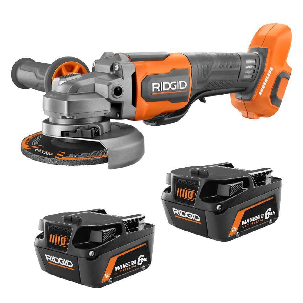 RIDGID 18V 6.0 Ah MAX Output Lithium-Ion Batteries (2-Pack) with 18V Brushless Cordless 4-1/2" Paddle Switch Angle Grinder (R840060PR86047)