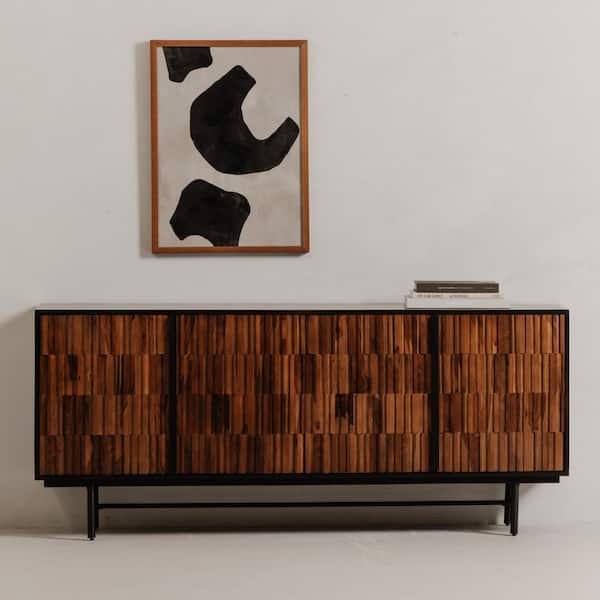NADAAL STUDIOS Michael Black Sheesham and Mango Wood 68.5 in. Sideboard with Iron Base and 4 Doors