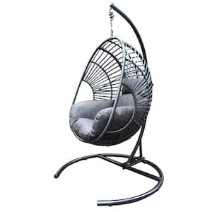 46.5 in. Black Metal Outdoor Indoor Swing Egg Chair with Dark Gray Cushions