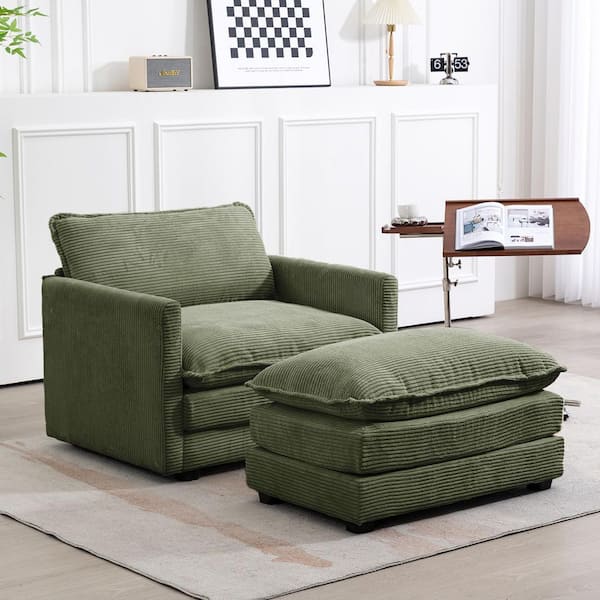 Jearey Modern Avocado Green Corduroy Accent Armchair with Ottoman for Living