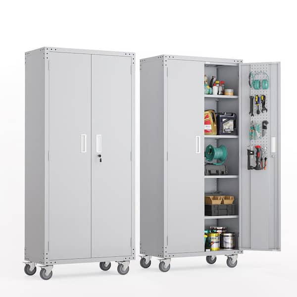 31.5 in. W x 72 in. H x 16.5 in. D Metal Garage Freestanding Cabinet in Gray with Wheels, Locking Doors, Pegboards