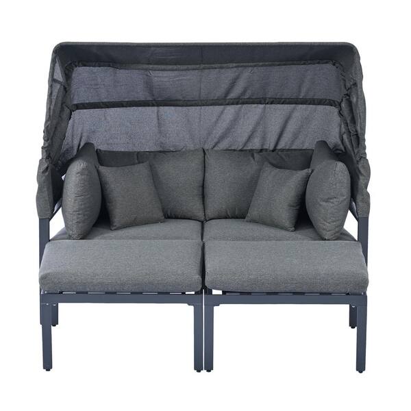 Unbranded Grey 3-Piece  Metal Patio Daybed with Retractable Canopy Outdoor Sectional Sofa Set with Cushions for Backyard,Porch