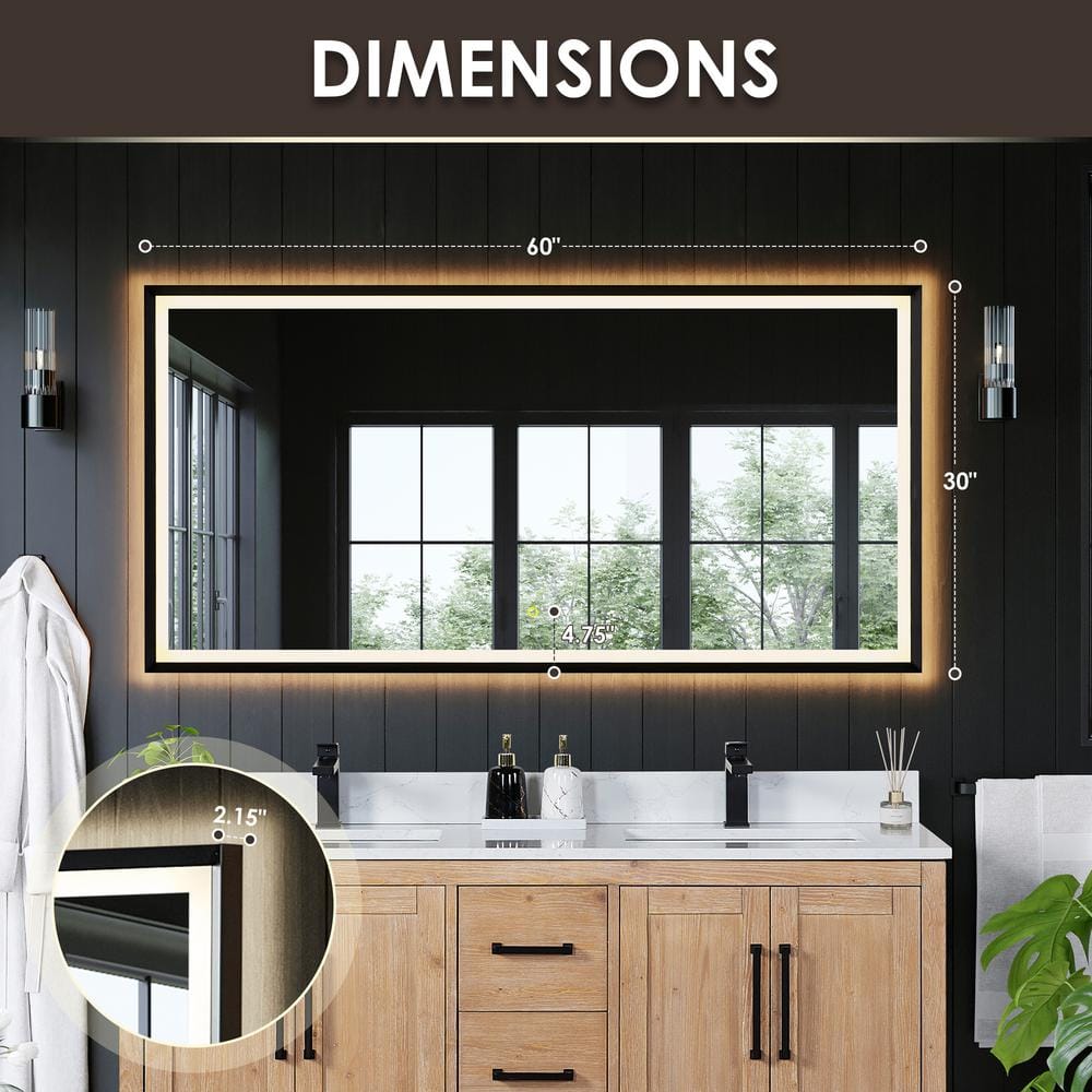 Apollo 60" x 30" Matte Black LED Vanity Mirror with Anti-Fog