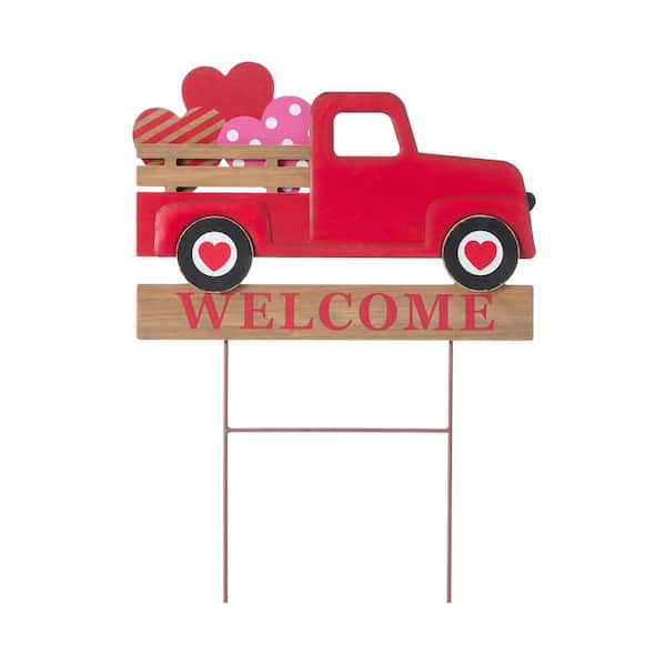 24 in. H Metal/Wooden Valentine's Truck Yard Stake or Hanging Sign (KD, 2 Function)