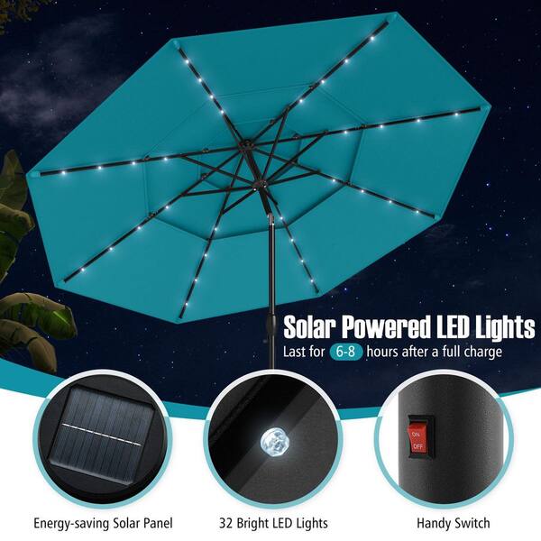 10 ft. Steel Market Solar Patio Umbrella with 32 LED Lights 3-Tier Vented Top in Turquoise