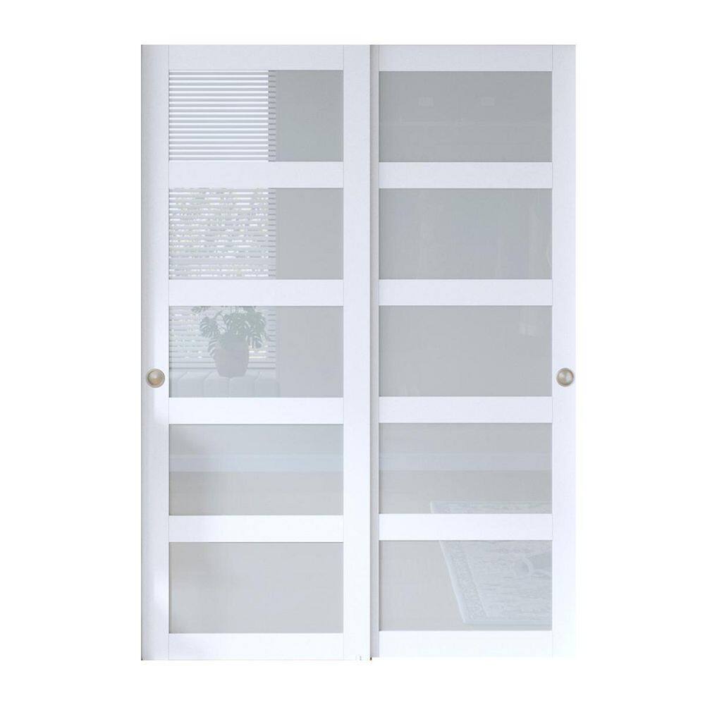 60 in. x 80 in. 5 Lites Frosted Glass White Finished MDF Sliding Door with Bypass Hardware Kit price history on PriceWatchPro