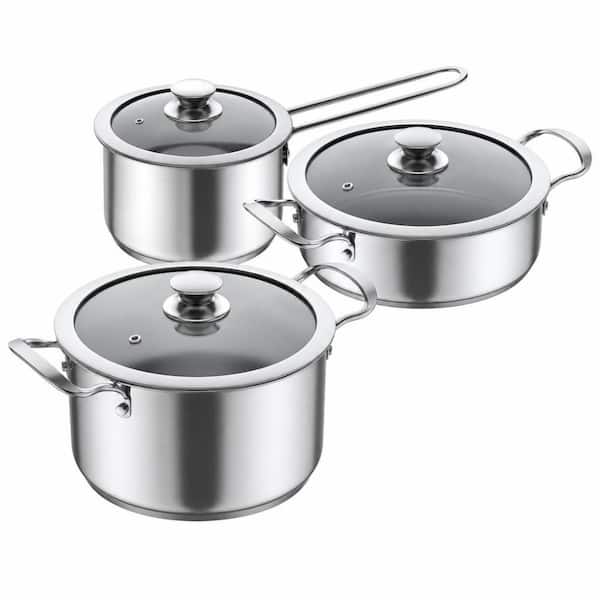 Silver 6 Piece Stainless Steel Nonstick Cookware Set, All Stove Compatible Kitchen Cooking Pots Set with Glass Lids