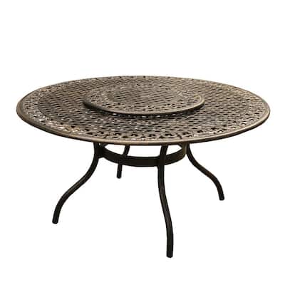 Ornate Traditional 59 in. Round Aluminum Outdoor Dining Table Mesh Lattice in Bronze with Lazy Susan
