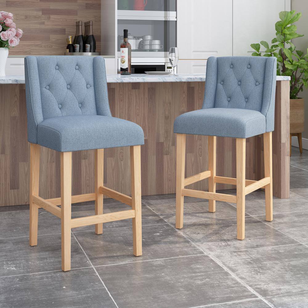 Light Blue Button Tufted Wingback Bar Stools with Natural Wood Legs, Set of 2