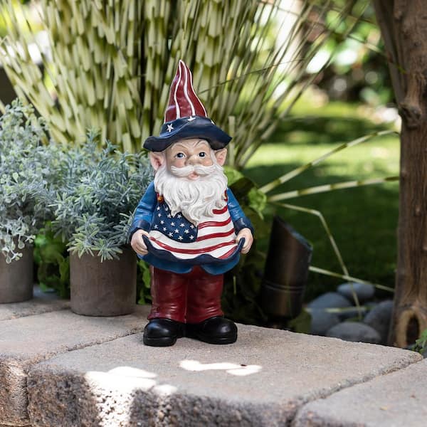 12 in. Tall Outdoor Americana Garden Gnome with American Flag Bird Feeder and Yard Statue Decoration