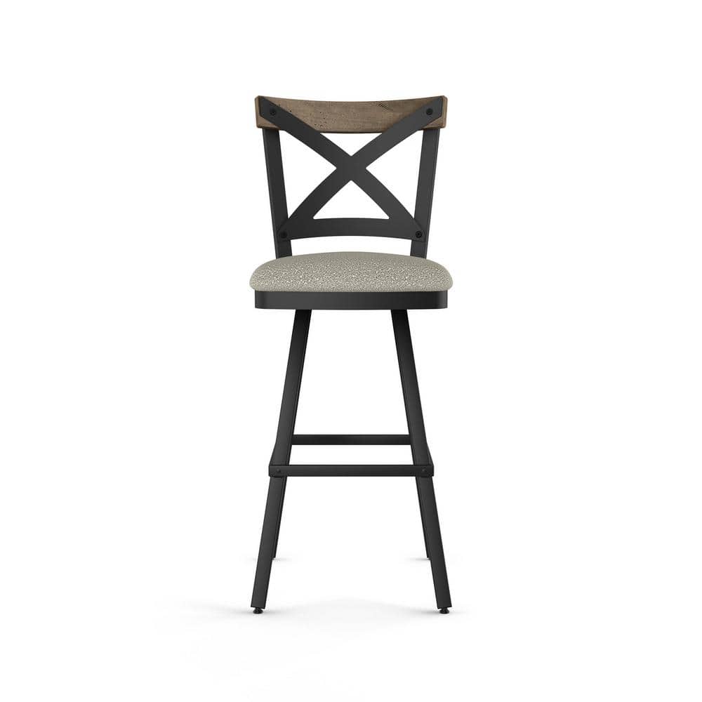 Beige and Black Swivel Bar Stool with Wood Backrest