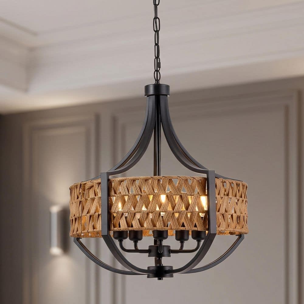 60-Watt 5-Light Black Rattan Chandelier Pendant Light with Natural Reed Shade and No Bulbs Included price history on PriceWatchPro