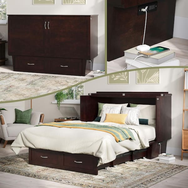 AFI Chelsea Espresso Queen Wood Murphy Bed Chest with Mattress, Storage and Built-in Charging
