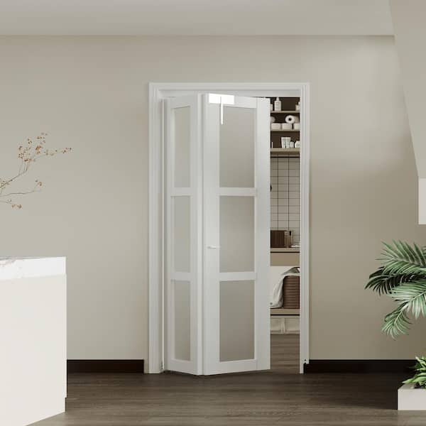 TENONER 36 in. x 80 in. 3-Lite Frosted Glass Solid Core White Finished MDF Bi-fold Door with Lock, Handle, and Hardware Kit.