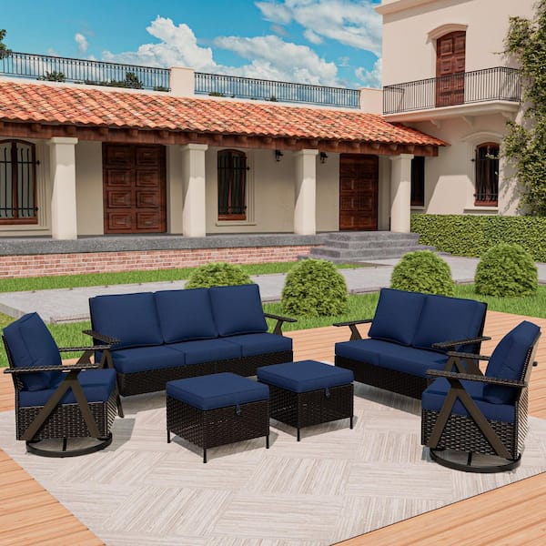 6-Piece Wicker Rattan Steel Outdoor Patio Conversation Sectional Set Swivel Rockers with Blue Cushion