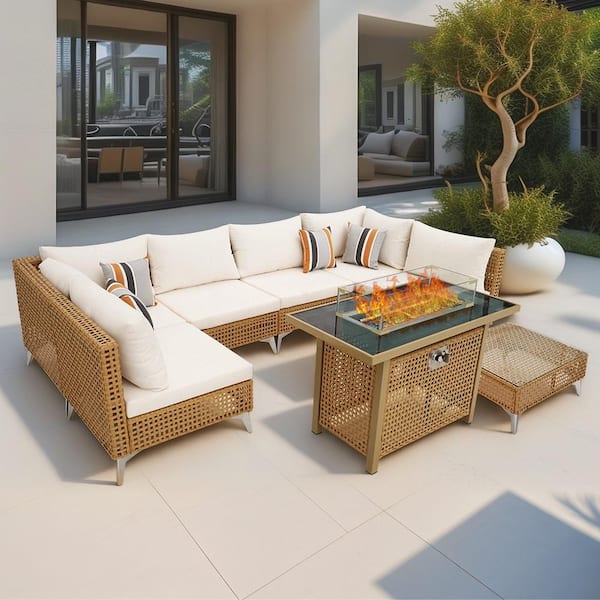 Daheat 8-Piece Patio Wicker Outdoor Conversation Sectional Beige Sofa Set and 43 in. Fire Pit Table, with Cushion