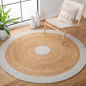 Braided Light Gray/Natural 6 ft. x 6 ft. Round Solid Border Area Rug
