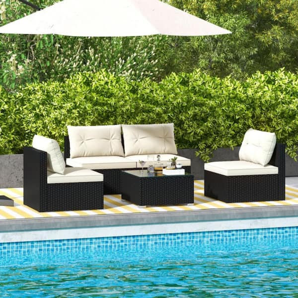 Kadehome 5-Piece Rattan Patio Conversation Set with Beige Cushions
