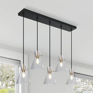 Farmhouse Black Kitchen Chandelier, 33 in. 5-Light Plated Gold Transitional Island Seeded Pendant Light for Dining Room