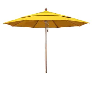 11 ft. Woodgrain Aluminum Commercial Market Patio Umbrella Fiberglass Ribs and Pulley Lift in Sunflower Yellow Sunbrella