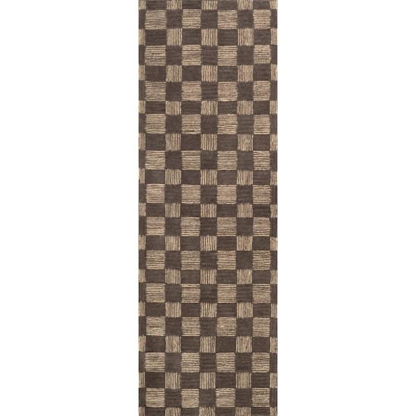Quince Checkered2 ft. 6 in. x 8 ft. Wool Brown  Indoor/Outdoor Patio Runner Rug