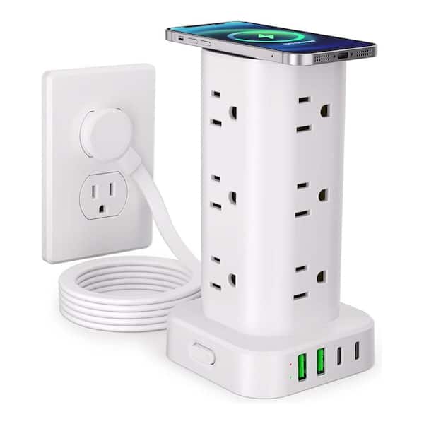 16-Outlet Tower Power Strip Surge Protector 15-Watt Wireless Charger with 6' Flat Plug Extension Cord 4 USB Ports White