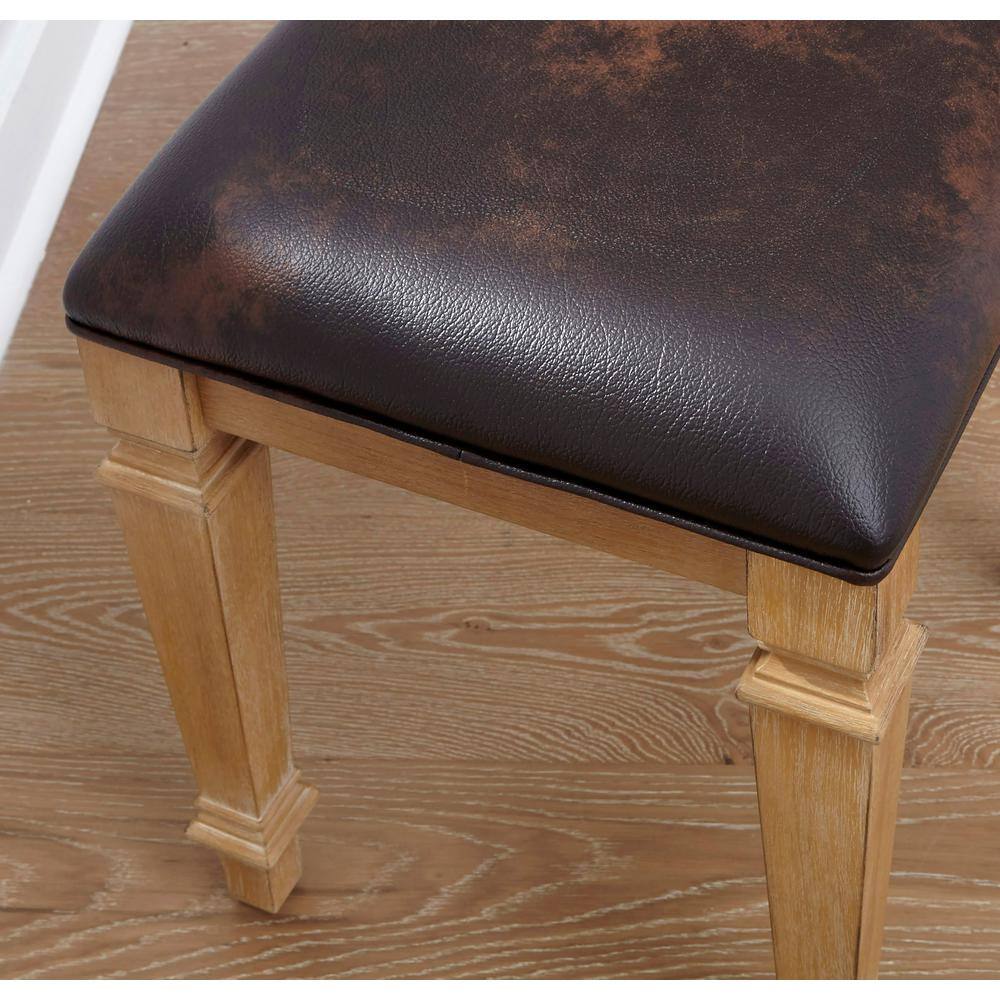 Manor House White Oak Vanity Bench with Brown Leather Upholstery