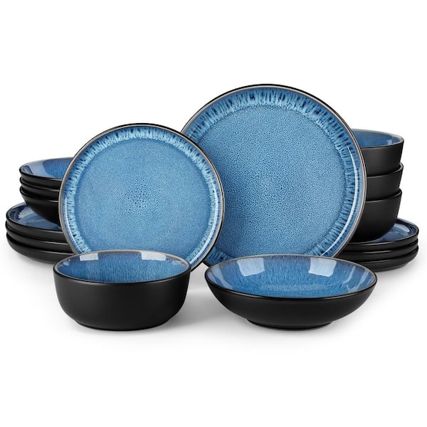 16-Piece Blue and Black Stoneware Dinnerware Set Service for 4 with Dinner Plate Dessert Plate Pasta Bowl Cereal Bowl