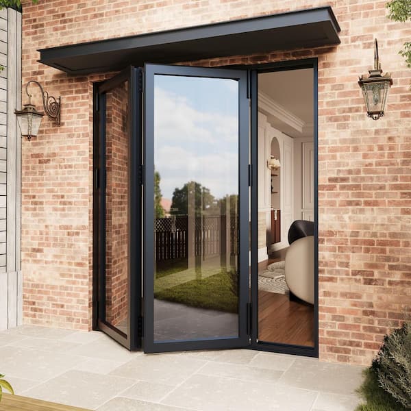 72 in. x 80 in. Left Swing/OutSwing Double Tempered Glass Black Aluminum Folding Patio Door (2-Folding)