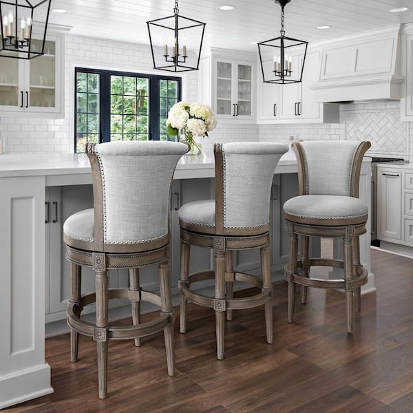 Chapman 31 in.. Weathered Gray High Back Wood Swivel Bar Stool with Gray Upholstered Seat, 1-Stool