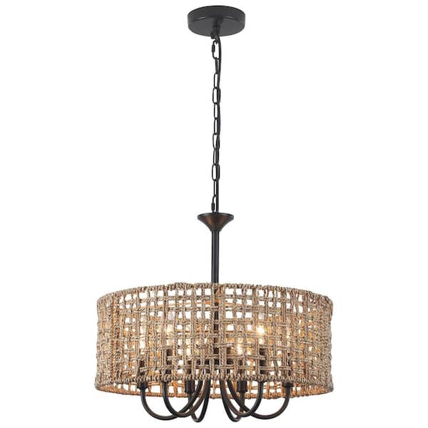 6-Light Black Hanging Ceiling Candlestick Linear Chandelier Lighting with Rattan Shaded for Kitchen Island