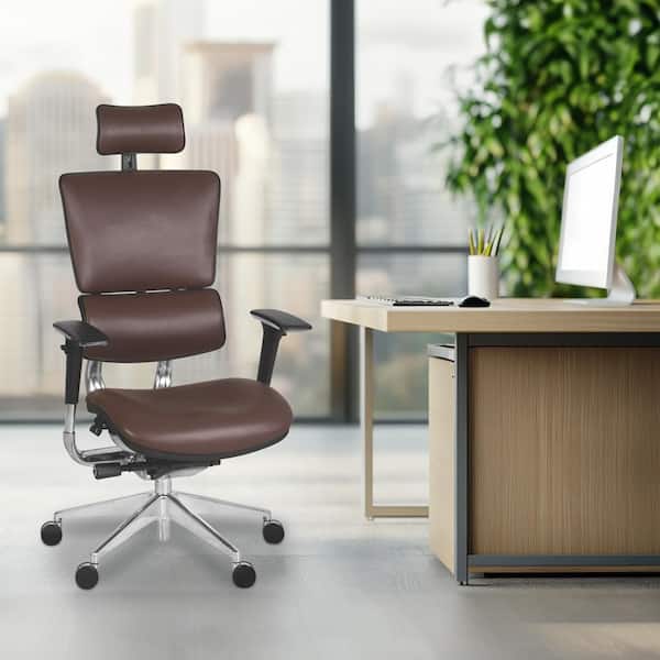 Leather Ergonomic Executive Office Chair in Brown with Adjustable Arms